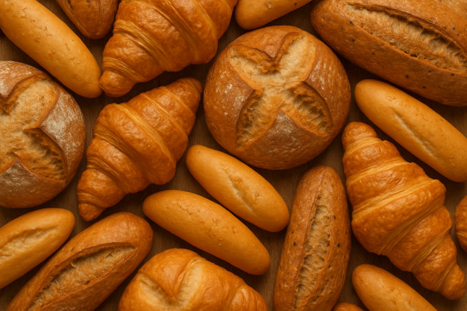 Čerstvé pečivo – křupavé housky a chléb na dřevěném prkénku