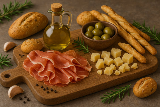 Prosciutto s parmezánem, olivami a pečivem